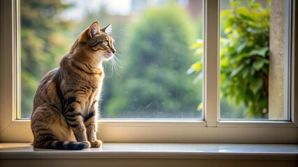 A serene cat sitting by window gazing outside, serene, cat, window, sitting, gazing, outside, relaxation, peaceful
