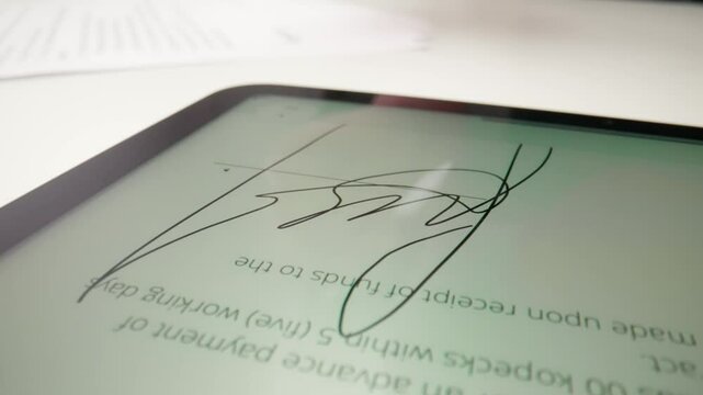 Digital Document Signing Process with Electronic Signature on Tablet