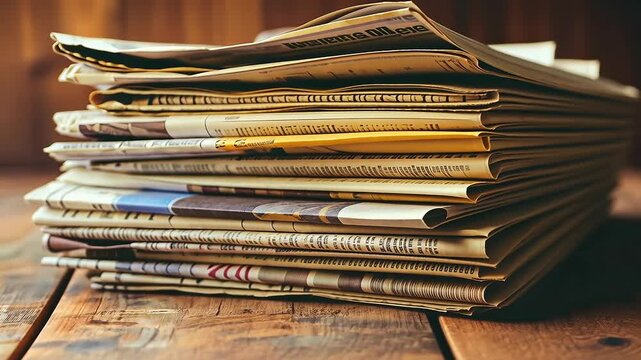 Pile of old newspapers on wooden table