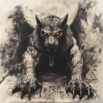 Ominous Egyptian Sphinx Creature in Expressionist Charcoal Sketch