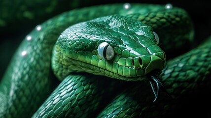 Fototapeta premium Green wooden snake with intricate design and pearlescent eyes, capturing attention.