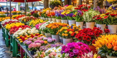 Fototapeta premium Vibrant colorful flowers on display at a bustling market , vibrant, colorful, flowers, market, display, spring, bloom, petals