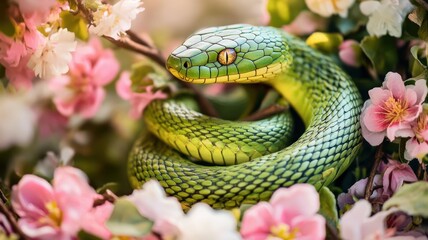Fototapeta premium Vibrant flowers encircle a carved green snake figure.