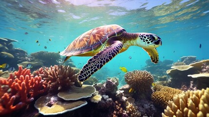 Obraz premium Sea Turtle Swimming in the Coral Reef