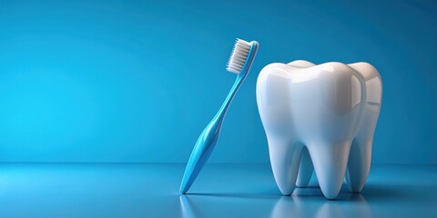Toothbrush and tooth on blue background, oral hygiene, dental care, brushing teeth