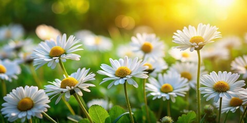 Fototapeta premium Common daisies scattered amongst lush green foliage in a spring garden, daisies, green, foliage, nature, outdoors, vibrant