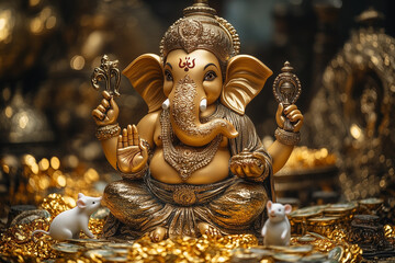 Fototapeta premium Lord Ganesha the God of Wealth, with golden treasure and a pile of money and two mouse, luxury elements