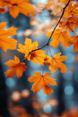 Close-up of red maple leaves hanging on a branch. Texture of leaves that looks transparent in the sunlight. Autumn background with bokeh.
