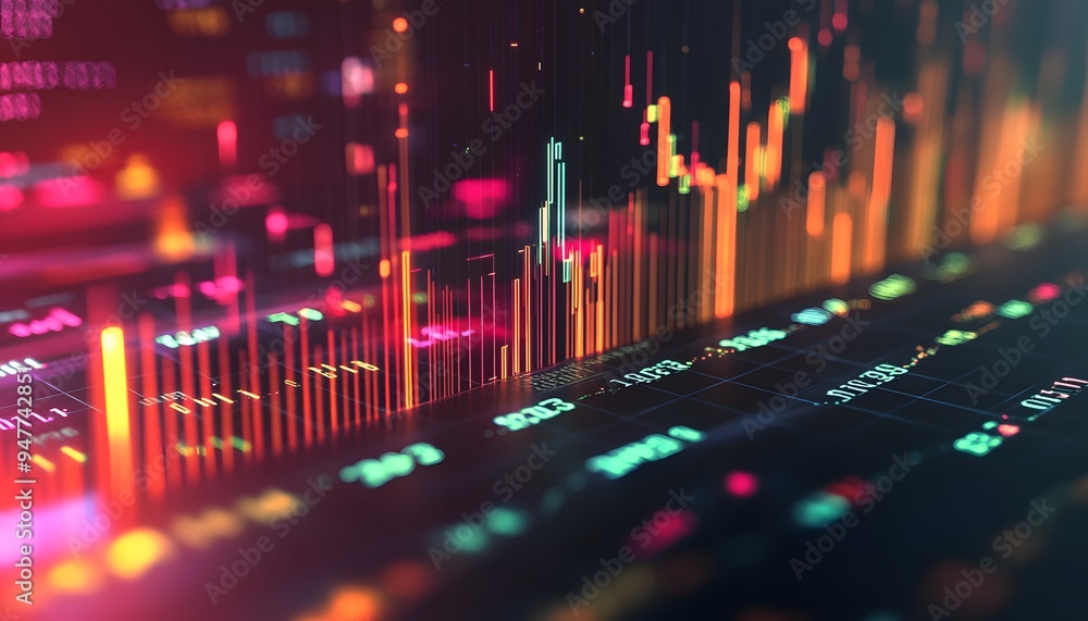 Poster abstract digital stock market data visualization with colorful bars and grid