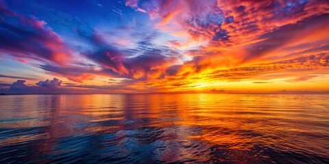 Vibrant sunset casting beautiful colors over the calm sea , sunset, sea, ocean, horizon, sky, dusk, colors, reflections