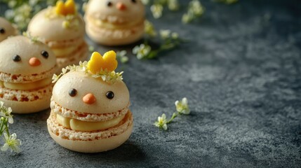 Fototapeta premium Fun and festive chick-shaped macarons for Easter, filled with vanilla and lemon, on a concrete surface with space for your message.