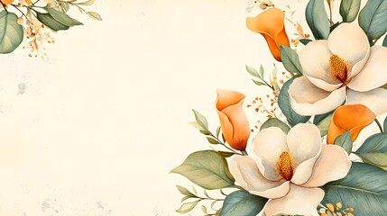 White magnolia blossoms and orange calla lilies with green leaves on a white background. Template for quotes, and greetings cards.