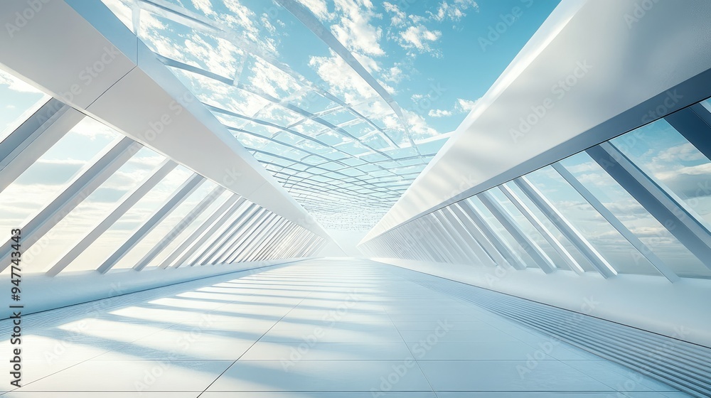 Aufkleber futuristic 3d corridor with geometric patterns and open ceilings, showcasing a clear blue sky with s