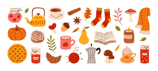 Autumn hand drawn sticker set. Cozy hygge fall icons. Scarf, candle, hot chocolate, socks, pie, pumpkin spice latte, mug, jam, leaves, mushroom. Cute autumn doodle. Vector flat illustration.