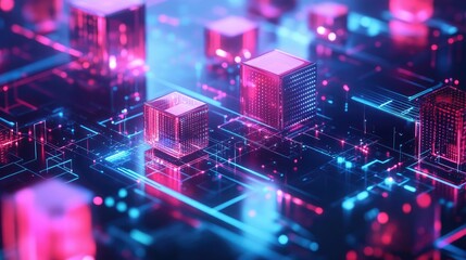 Obraz premium Futuristic business technology scene with isometric 3D cubes, showcasing innovation in an abstract digital landscape.