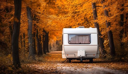 A white travel trailer is parked in an autumn forest, surrounded by trees with orange and yellow leaves. 