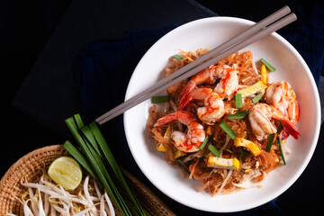 Food concept Authentic thai street food Pad Thai, Thai noodle stir fry