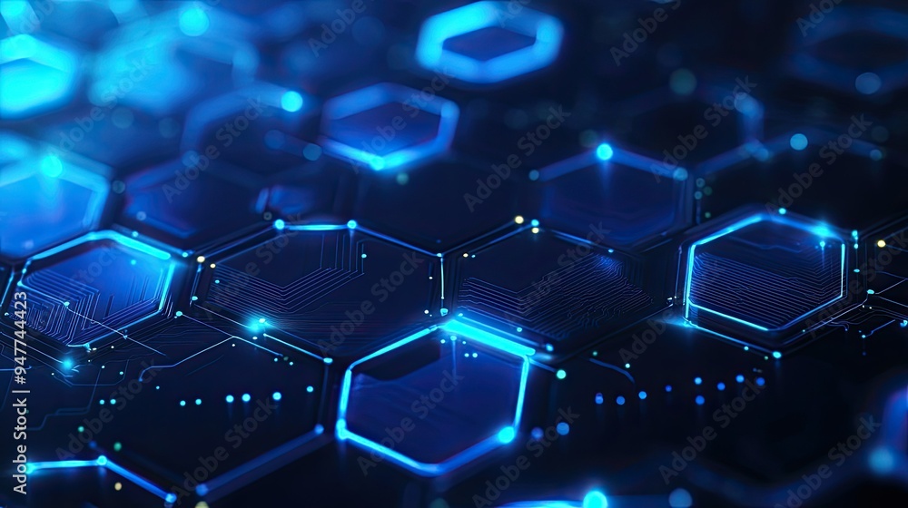 Poster futuristic technology background with overlapping hexagonal patterns, vibrant blue hues, and digital