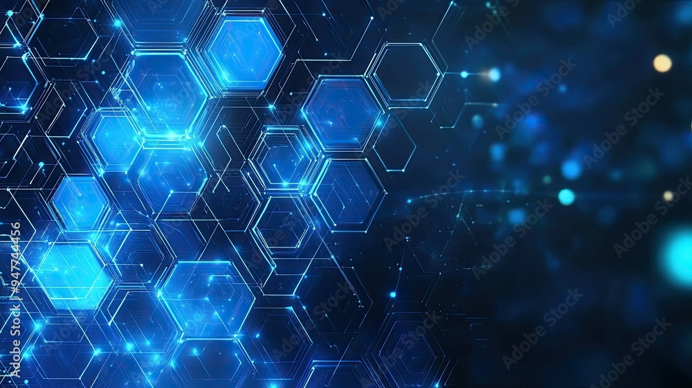 Poster futuristic technology background with overlapping hexagonal patterns, vibrant blue hues, and digital