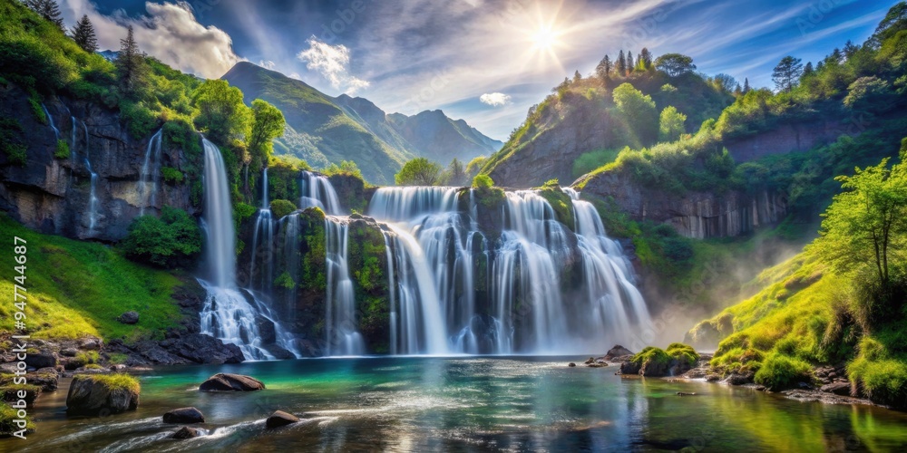 Wall mural Beautiful waterfall cascading down a majestic mountain landscape , nature, scenery, mountains, water, cascade, serene