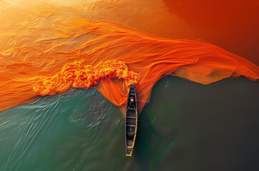 Photographie aérienne d’un bateau naviguant à travers des eaux colorées par ses filets de...