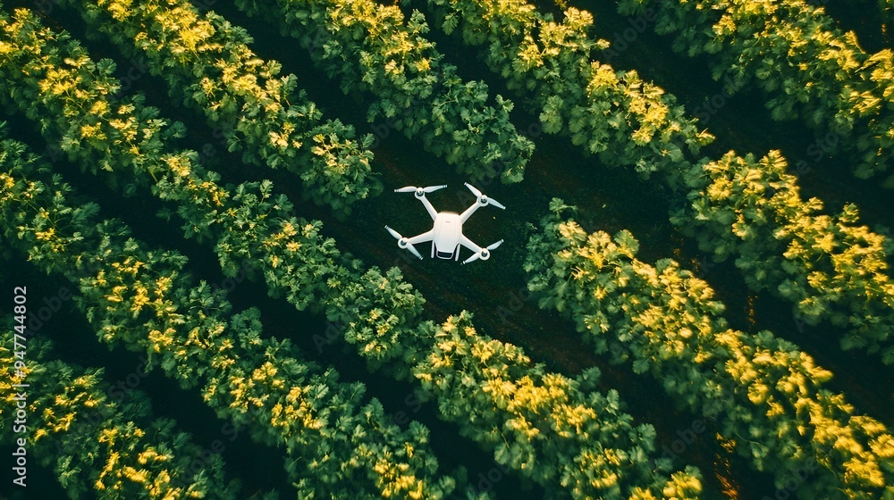 Poster photograph depicting a smart farm with advanced drone monitoring systems capturing real time data fr