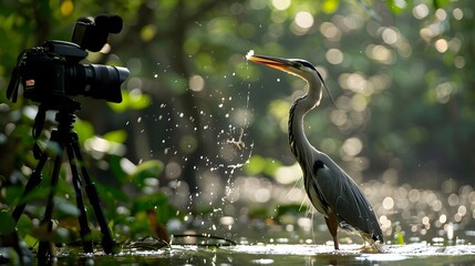 A wildlife photographer capturing images of birds in their natural habitat