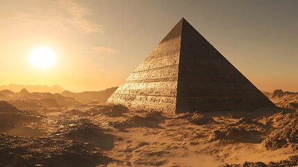 116. "A captivating 3D render of an ancient pyramid with arid desert surroundings and a clear sky