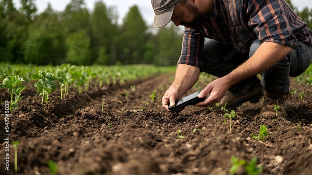 Poster a photograph of a farmer using a handheld iot device to check soil nutrient levels in a rural agricu