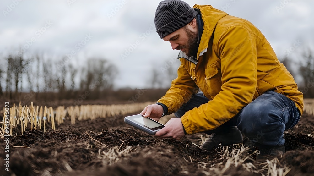 Poster farmer using a handheld iot device to check and analyze soil nutrient levels in a cultivated agricul