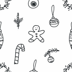 Happy new year. Seamless pattern of cute outline christmas toys. Template for Notebook covers, pattern for wallpapers, textile, wrapping paper. Doodle vector  illustration. Childish naive art style
