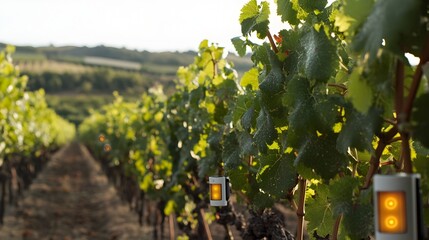 Photograph showcasing IoT sensors attached to grapevines in a vineyard providing real time growth data and insights for precision agriculture and optimized vineyard management