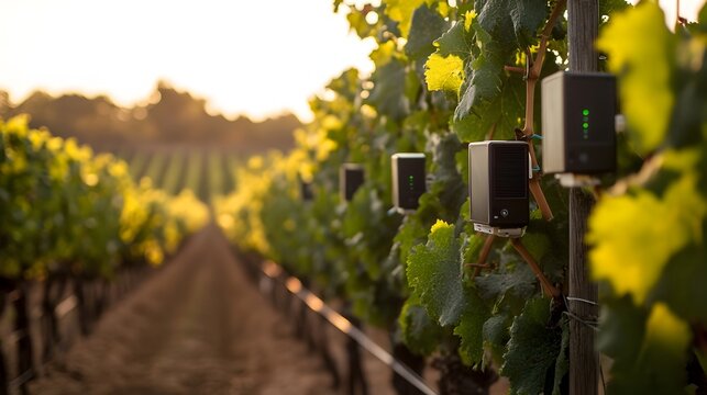 Photograph showcasing IoT sensors attached to grapevines in a vineyard providing real time growth data and insights to optimize precision farming and vineyard management