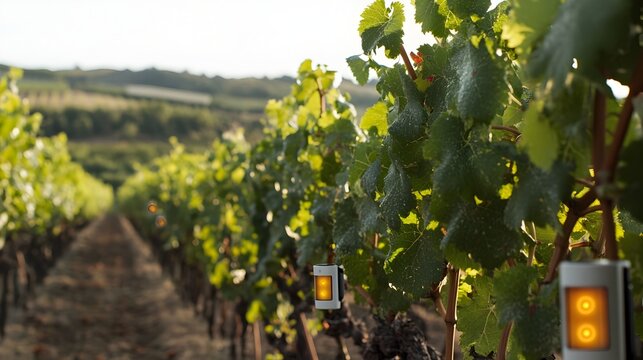 Photograph showcasing IoT sensors attached to grapevines in a vineyard providing real time growth data and insights for precision agriculture and optimized vineyard management