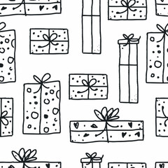 Happy new year. Seamless pattern of cute outline gifts. Template for Notebook covers, pattern for wallpapers, textile, wrapping paper etc. Doodle vector illustration. Childish naive art style.