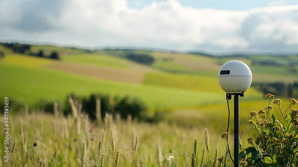 Poster weather monitoring station equipped with iot sensors set against a backdrop of rolling green fields 
