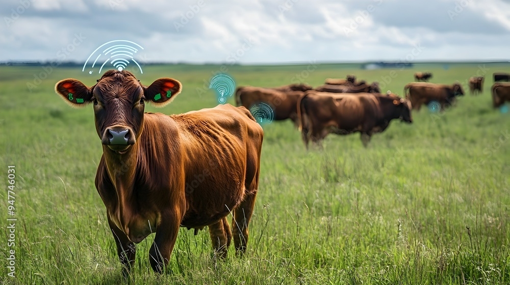 Poster aerial photograph showing iot sensors deployed in an open pasture to track the movement and health o