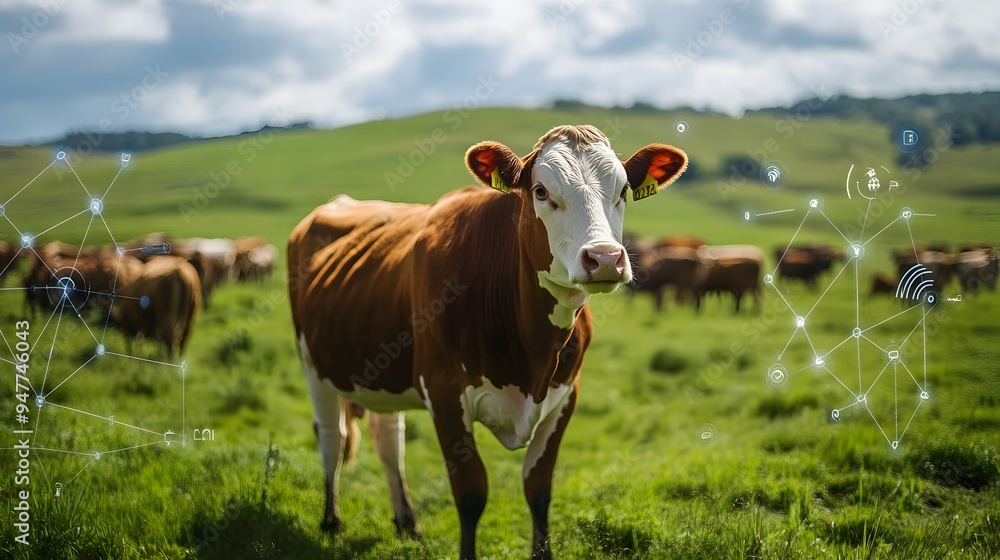 Poster cutting edge iot sensors capturing detailed data on movement and health in an open pastoral landscap