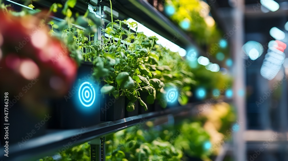 Poster a photograph showcasing iot devices monitoring the growth conditions in a vertical farm with ample s