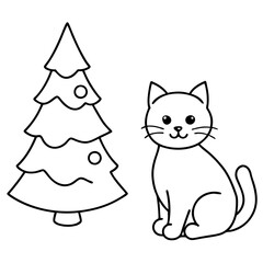 A cute Christmas cat and Christmas tree on white background 