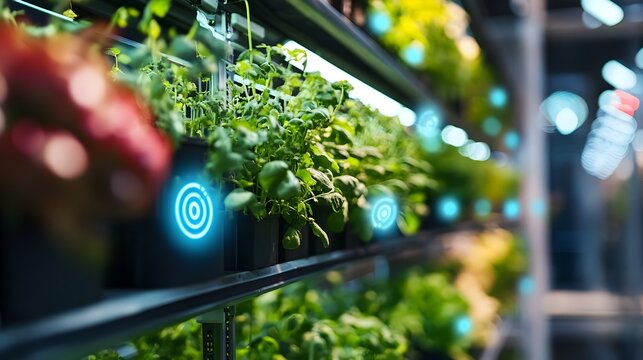 A photograph showcasing IoT devices monitoring the growth conditions in a vertical farm with ample space for text overlay