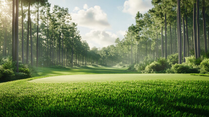 Obraz premium The beautiful golf course with morning sunshine.