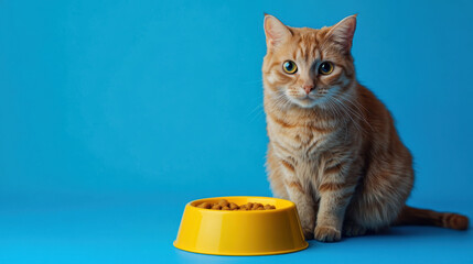 Cat and food bowl on clean background with space for text or graphic design.