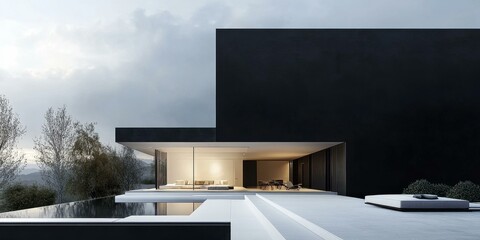 Modern black house with pool and patio.