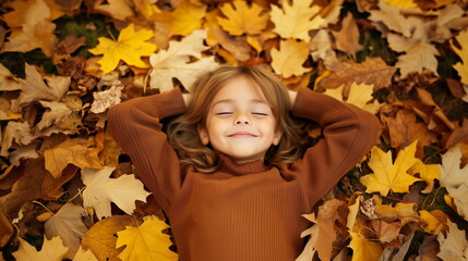 A child lying comfortably with eyes closed on a pile of fallen leaves in an outdoor park on an autumn day. Happy expression. Autumn scenery.