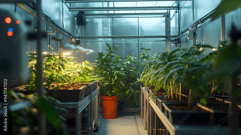 Poster automated iot controlled greenhouse with advanced climate sensors and lighting systems for optimized