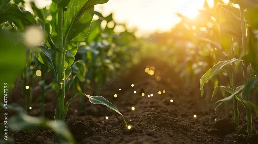 Poster photograph showcasing iot sensors embedded in crop fields designed to monitor and analyze soil moist
