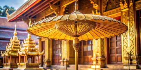 Golden umbrella placed inside a traditional temple, gold, umbrella, temple, religious, sacred, decoration, ornate