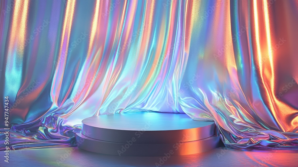 Poster iridescent holographic fabric draped behind a 3d podium, offering a dynamic and colorful abstract ba