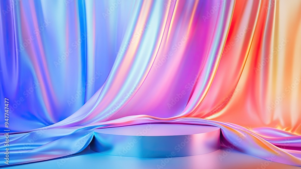 Poster iridescent holographic fabric draped behind a 3d podium, offering a dynamic and colorful abstract ba